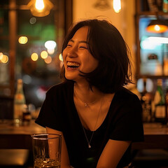 a woman smiles at a bar with a glass of wine.