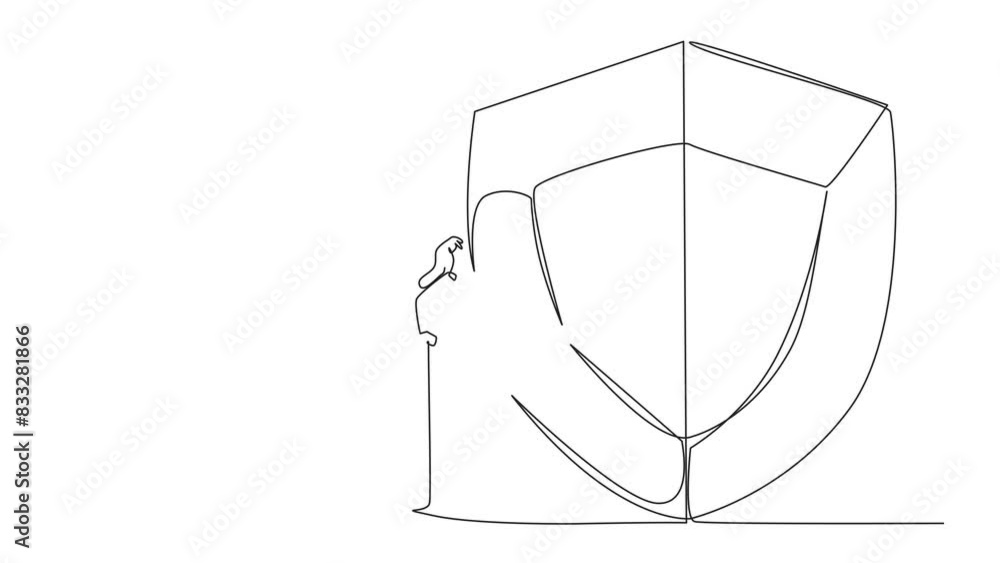 Poster animated self drawing of single one line drawing businesswoman climbs shield with rope. working to h