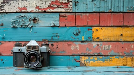 Old retro camera on vintage wooden boards abstract background