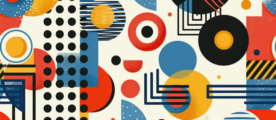 Obraz premium Abstract Bauhaus style background with colorful shapes and patterns with circles, dots and shapes in blue, red, yellow and orange on a white background