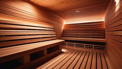 A contemporary sauna featuring sleek wooden benches and ambient lighting, creating a cozy and relaxing environment. The design is minimalist, emphasizing comfort and tranquility