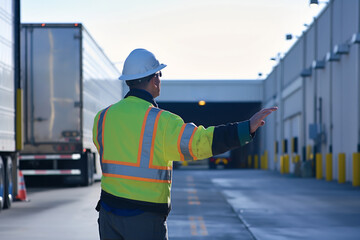 Man in a highvisibility vest and hard hat directs traffic near trucks and warehouses, ensuring safety and efficiency in logistics