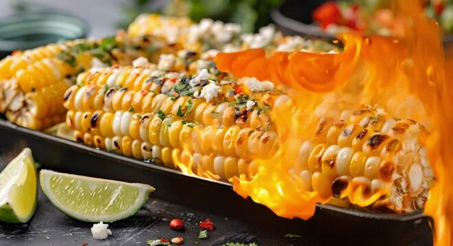 Elote: Exploring the Traditional Mexican Street Corn. Concept Mexican cuisine, Street food, Spicy flavors, Grilled corn, Traditional recipes