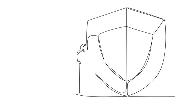 Animated self drawing of single one line drawing businesswoman climbs shield with rope. Working to help clients secure servers from virus attacks. Check each layer. Full length single line animation