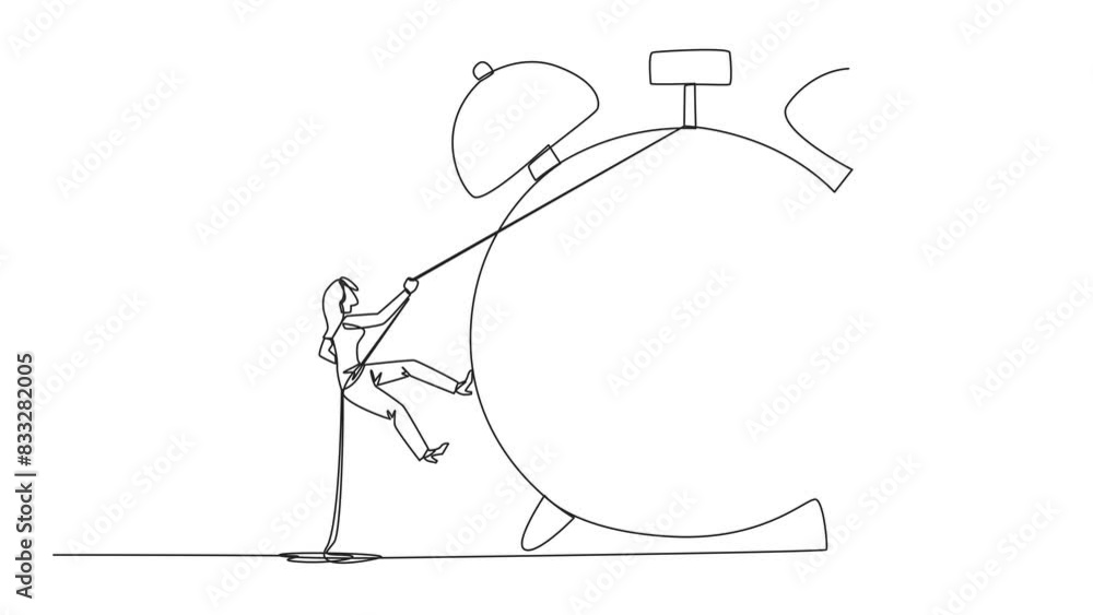 Poster self drawing animation of single continuous line drawing businesswoman climbing alarm clock with rop
