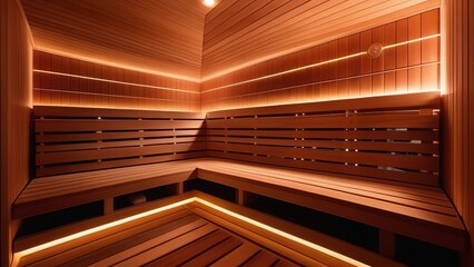 A contemporary sauna featuring sleek wooden benches and ambient lighting, creating a cozy and relaxing environment. The design is minimalist, emphasizing comfort and tranquility