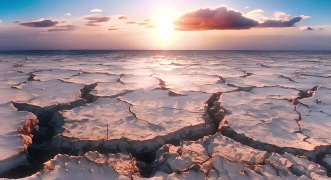 Dry cracked desert soil under a setting sun due to drought. Concept Desert Landscape, Cracked Soil, Drought, Setting Sun, Natural Environment
