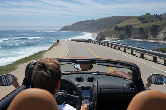 Man driving a convertible car along a scenic coastal road with stunning ocean views on a beautiful sunny day