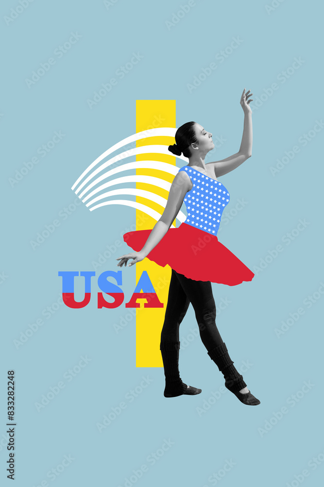 Sticker Creative abstract template collage of dancing ballerina celebrating 4th july usa independence day unusual fantasy billboard comics zine