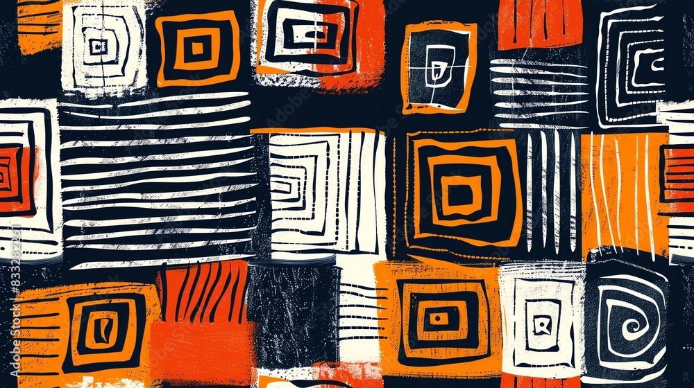Poster seamless pattern of block print-style geometric shapes in bold colors, creating a striking and moder