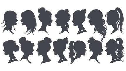 set of illustrations of silhouettes of women's heads from the side