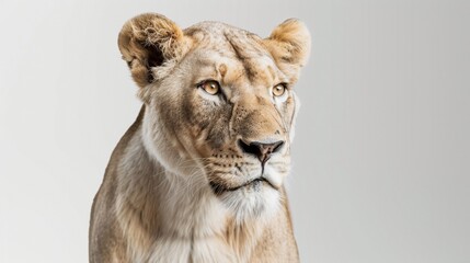 A majestic white lioness, her watchful gaze fixed against a transparent background, photographed with lifelike precision.