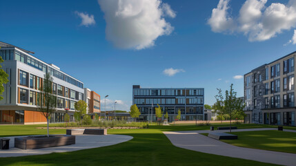 Obraz premium Panoramic view of a cozy courtyard of a modern residential complex. New buildings area