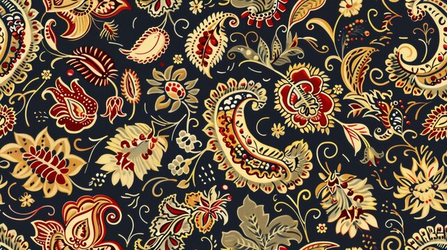 Seamless pattern of block print paisley designs in rich colors, emphasizing a classic and ornamental aesthetic
