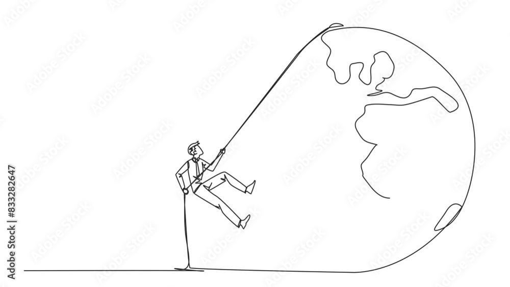 Poster animation of continuous one line drawing businessman climbing globe with rope. trying dominate world