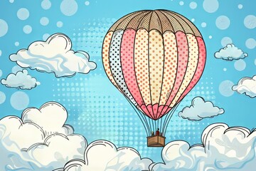 Cartoon cute doodles of a halftone hot air balloon floating in the sky with dotted patterns, Generative AI