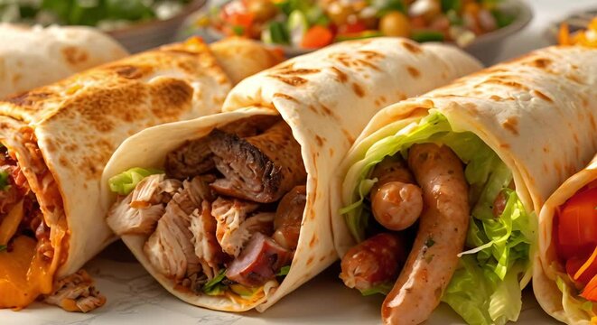 Mexican Burritos: Chicken, Beef, Sausage, Salad, and Wraps on White. Concept Food Photography, Mexican Cuisine, Burrito Varieties, Fresh Ingredients, Wraps Display