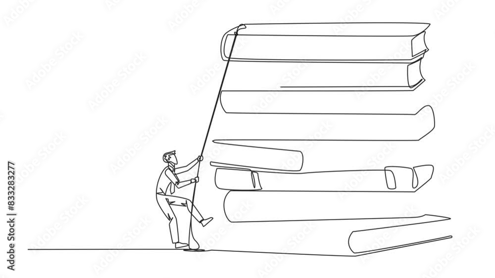 Poster animation of single one line drawing businessman climbing a pile of books with a rope. try hard to g