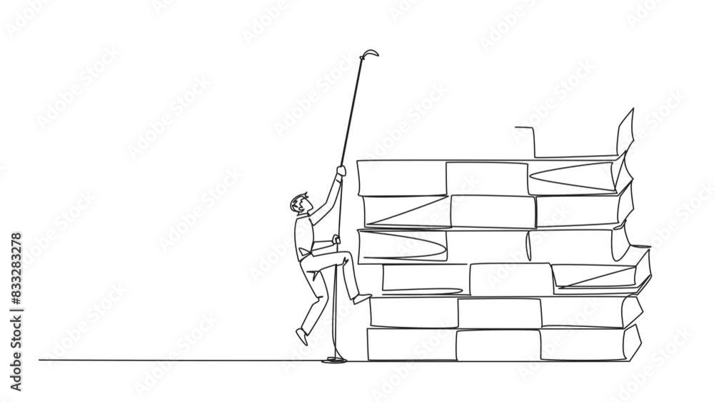 Poster self drawing animation of single continuous line drawing businessman climbs stack of banknotes with 