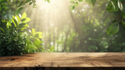 wood tabletop counter or podium backdrop for product on interior in clean and bright  hill forest garden and clear blue sky background
