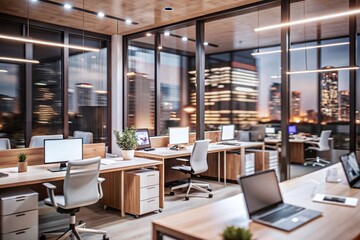 At night. Modern office room interior with night city view.