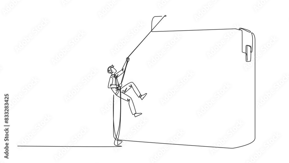Poster animated self drawing of one line drawing businessman climbs briefcase with rope. a metaphor for bui