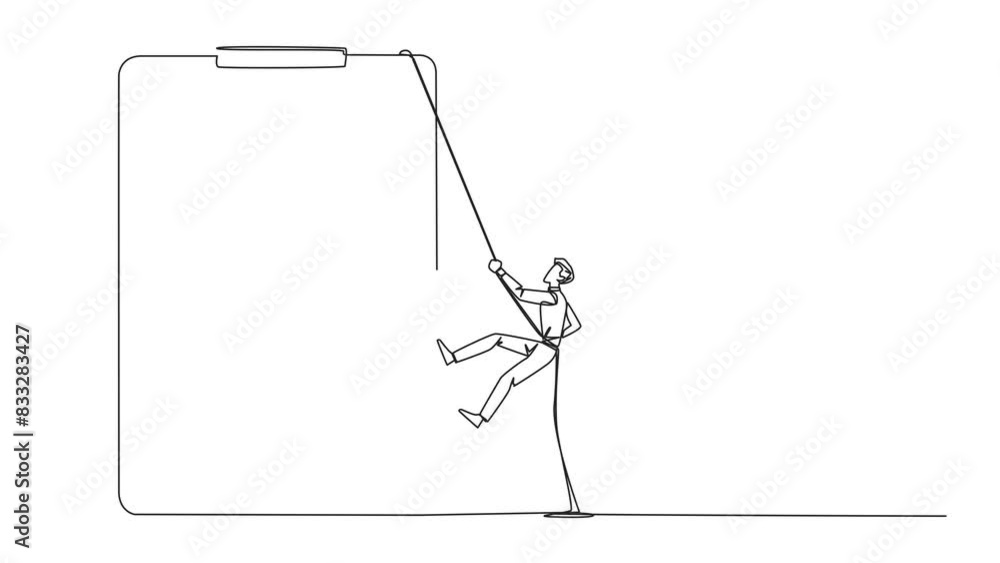Poster self drawing animation of continuous one line drawing businessman climbing clipboard with rope. extr