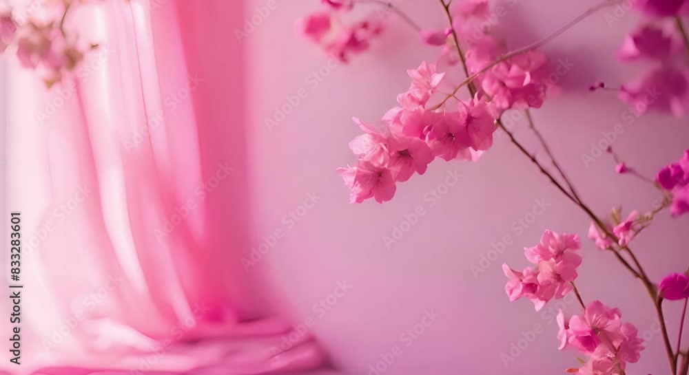 Poster creating a delicate setting with a soft pink backdrop in a photography studio. concept indoor photos