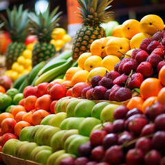 In the market stall, a colorful arrangement of fresh fruits, such as bananas, pineapples, and citrus, adds a burst of freshness and vitality