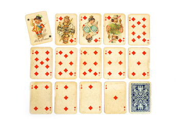 Complete set of vintage playing cards isolated on completely white background