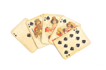 Royal Flush vintage playing cards isolated on completely white background