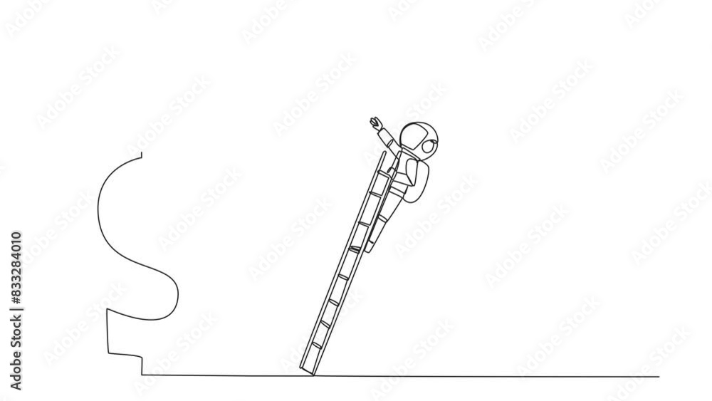 Poster animated self drawing of continuous one line drawing astronaut kicks the rival who is climbing a dol