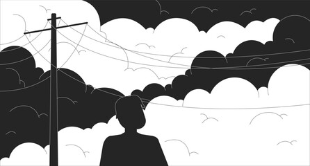 Person enjoying dawn standing under power lines black and white lofi wallpaper. Human silhouette against cloudy sky 2D outline cartoon flat illustration. Relax vector line lo fi aesthetic background