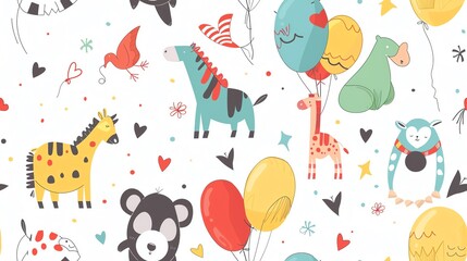 Hand-drawn seamless pattern featuring colorful cartoon animals and balloons, perfect for a joyful and festive children's design