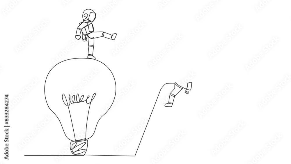 Poster animated self drawing of continuous line drawing astronaut kicks opponent who climbing lightbulb wit