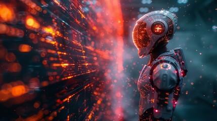 AI robot interfacing with cloud network, digital screens, dynamic angle, high-tech environment