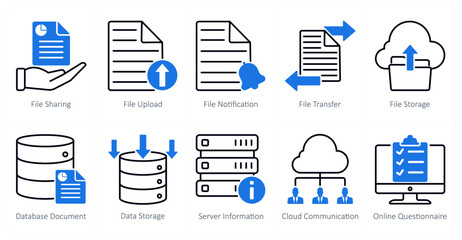 A set of 10 seo icons as file sharing, file upload, file notification