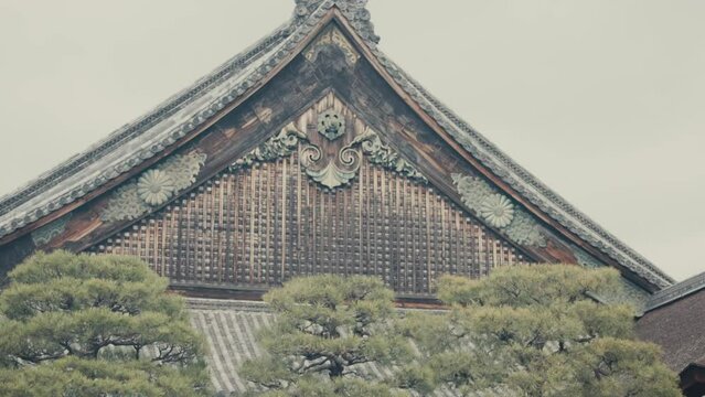 Ninomaru Palace With Gable Roof At Nijo Castle In Kyoto, Japan. tilt-up shot