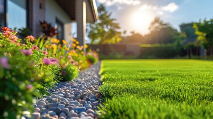 Green lawn with pink flowers and building