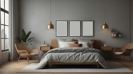 Poster advertisement empty mockup with cozy bedroom interior design