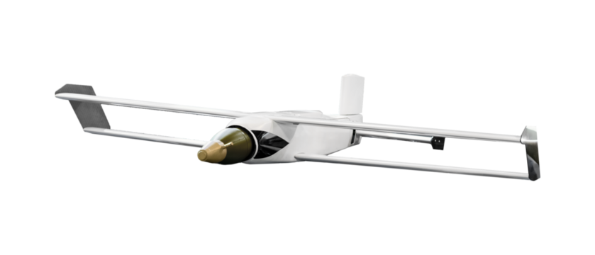 Isolated military drone kamikaze armed with aerial bomb.