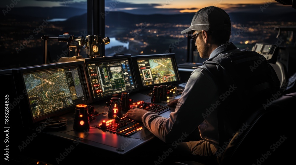Poster a male operator observes multiple monitors within a darkened control room environment, signifying su