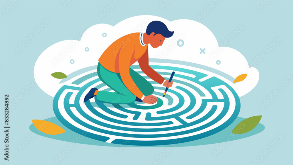 Poster with a determined expression a person works on a labyrinth drawing determined to overcome any obstac
