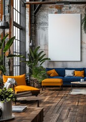 Industrial Living Room with Bright Furniture and Blank Frame, Stylish industrial living room featuring bright orange and blue furniture, large potted plants, and a blank framed artwork mockup on the w