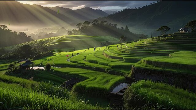 This image is of a terraced rice field in Bali, Indonesia. The rice field is located in a valley, and there are mountains in the background. 