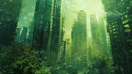 Cityscape that blends architectural elements with natural forms, illustrating a futuristic city where urban living nature coexist beautifully, palette of greens, blues, and earth tones, ai generated