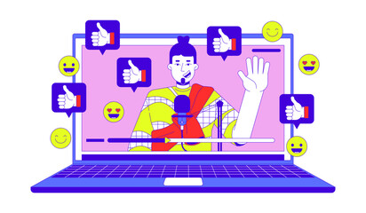 Popular video blogger 2D linear illustration concept. Caucasian male podcaster on laptop cartoon character isolated on white. Social media popularity metaphor abstract flat vector outline graphic