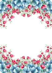 Watercolor floral BORDER / FRAME horizontal PNG with transparent background, with blue and pink flowers.