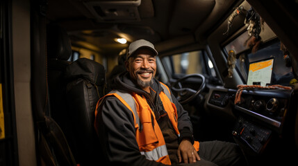 Naklejka premium A cheerful truck driver with a warm smile sits in the cabin of his truck, showcasing a friendly demeanor