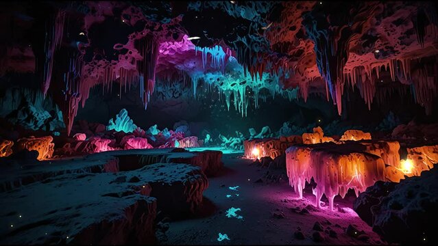 The video is of a colorful cave with blue, green, pink, and orange lights. There are crystals hanging from the ceiling and the cave floor is covered in rocks and water.